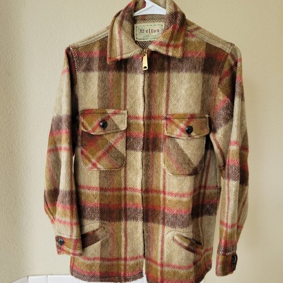 Vintage Melton Outer-Wear Men's Long-Sleeve Button Plaid Shirt Jacket